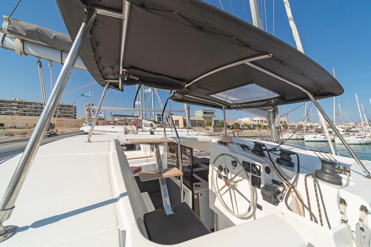 Cockpit of Fortuna, a Fountaine Pajot Lucia 40 catamaran at Municipal Unit of Rhodes, Greece