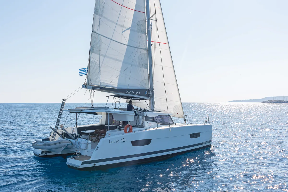 Exterior view of Fortuna, a Fountaine Pajot Lucia 40 catamaran at Municipal Unit of Rhodes, Greece