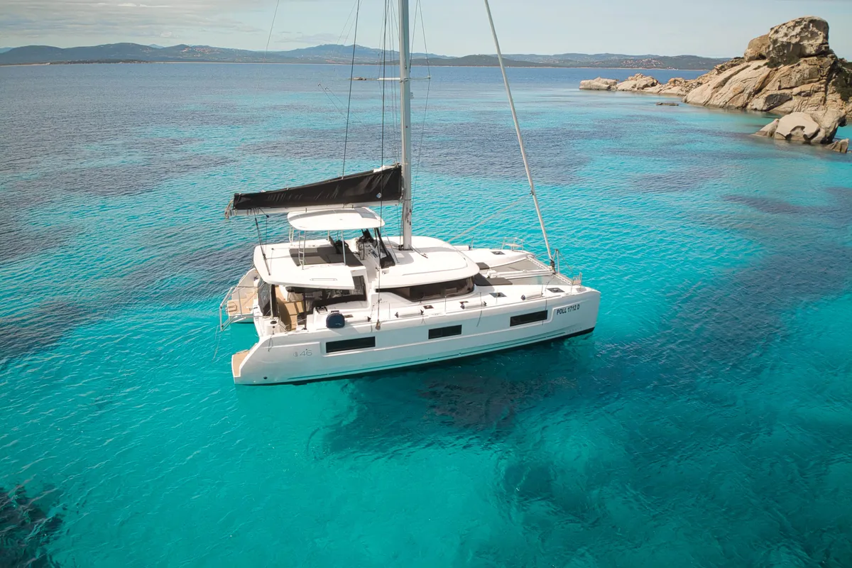 Exterior view of Calipso, a Lagoon 46 catamaran at Lu Palau/Palau, Italy