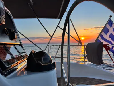 Cockpit of Baba Sails, a Bavaria 40 Cruiser sailboat at Pallini Municipal Unit, Greece