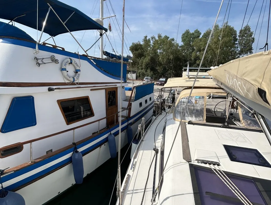 Deck of Artemis, a Dufour 412 GL sailboat at Kontokali, Greece