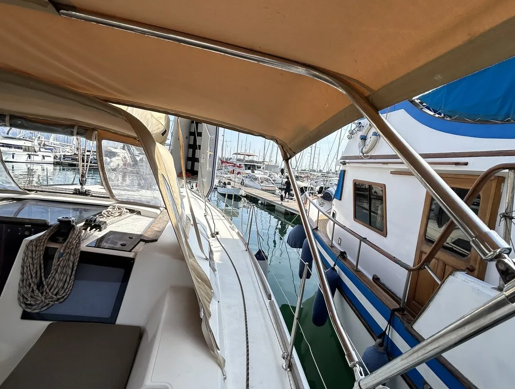 Deck of Artemis, a Dufour 412 GL sailboat at Kontokali, Greece