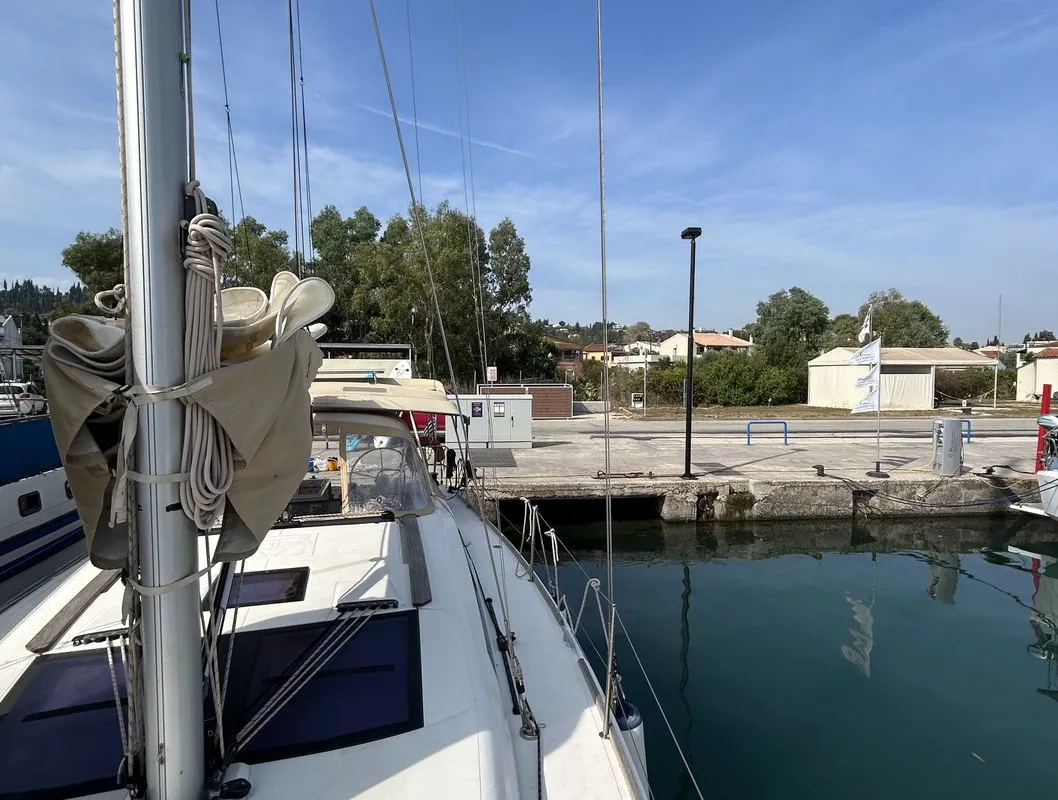 Deck of Artemis, a Dufour 412 GL sailboat at Kontokali, Greece