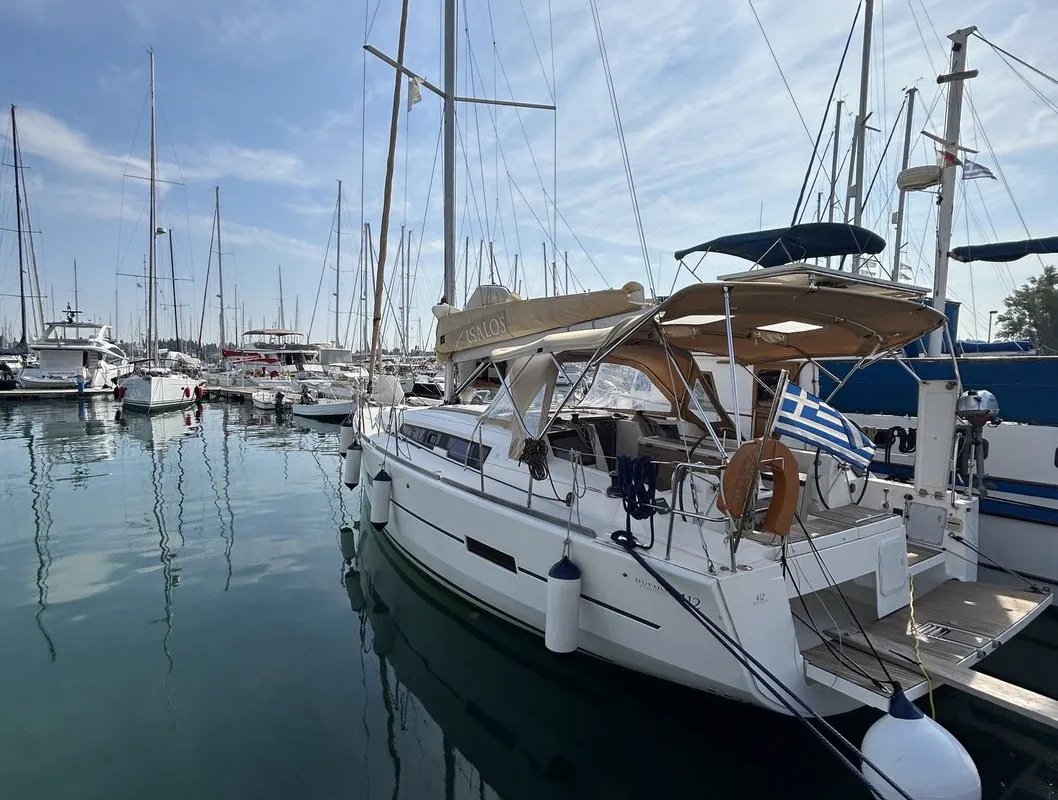 Exterior view of Artemis, a Dufour 412 GL sailboat at Kontokali, Greece