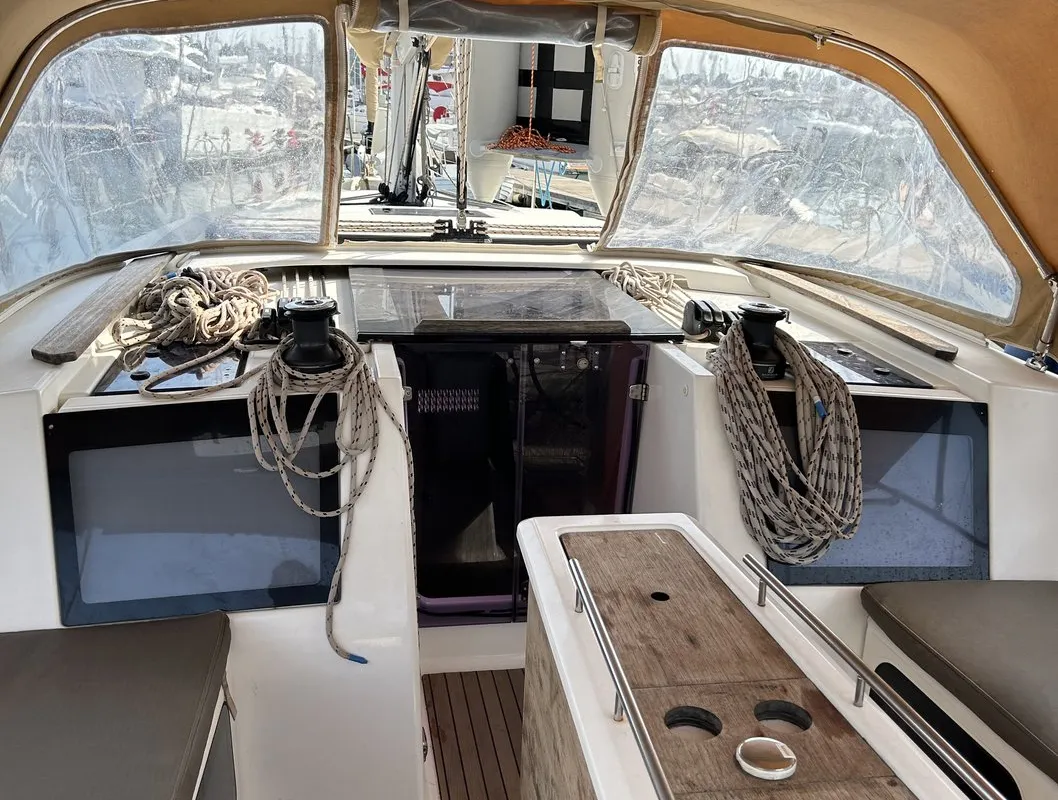Cockpit of Artemis, a Dufour 412 GL sailboat at Kontokali, Greece