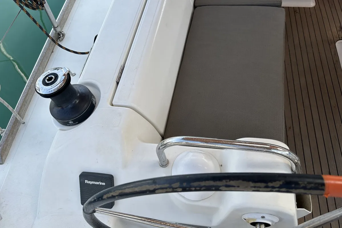 Cockpit of Artemis, a Dufour 412 GL sailboat at Kontokali, Greece
