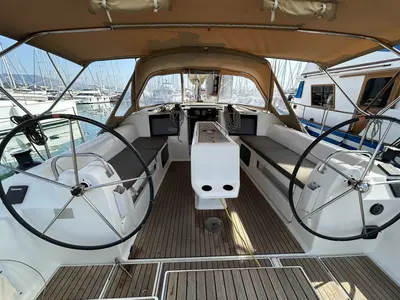 Cockpit of Artemis, a Dufour 412 GL sailboat at Kontokali, Greece