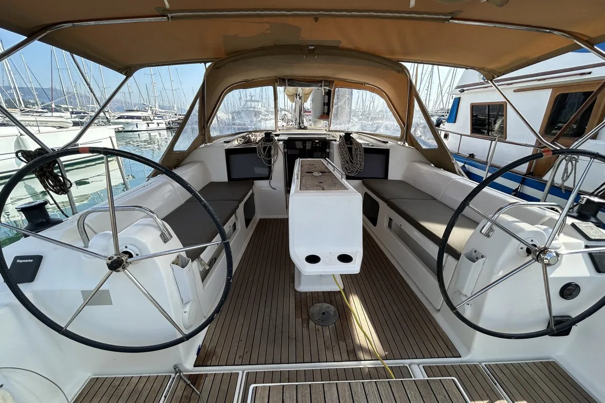 Cockpit of Artemis, a Dufour 412 GL sailboat at Kontokali, Greece