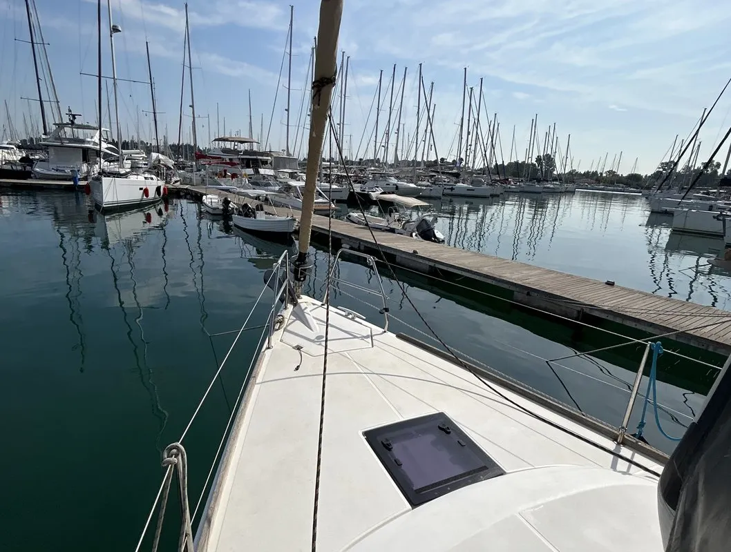 Deck of Artemis, a Dufour 412 GL sailboat at Kontokali, Greece