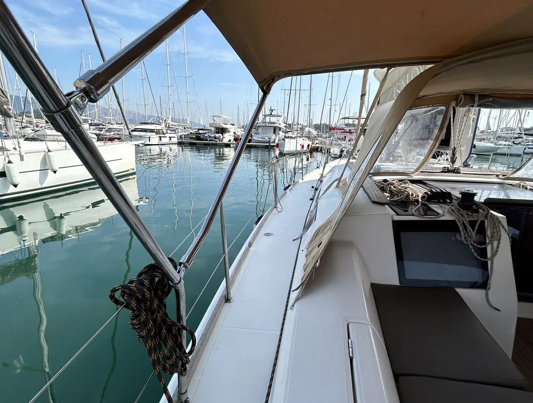 Deck of Artemis, a Dufour 412 GL sailboat at Kontokali, Greece