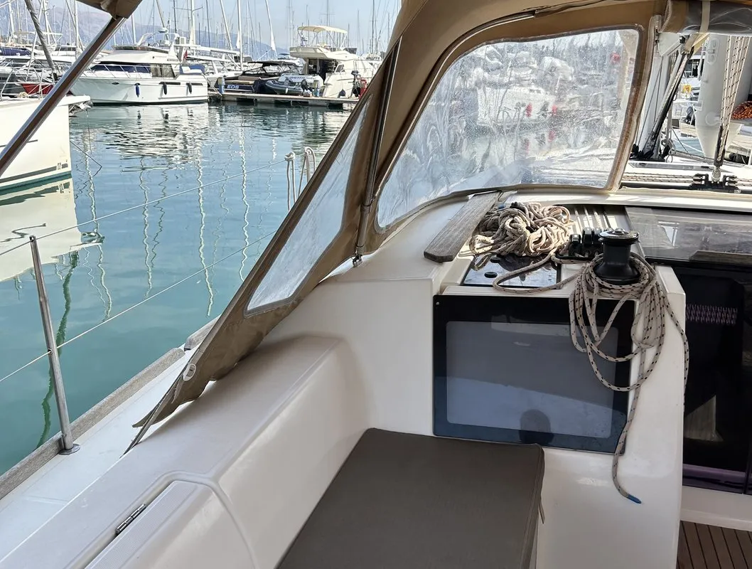 Cockpit of Artemis, a Dufour 412 GL sailboat at Kontokali, Greece