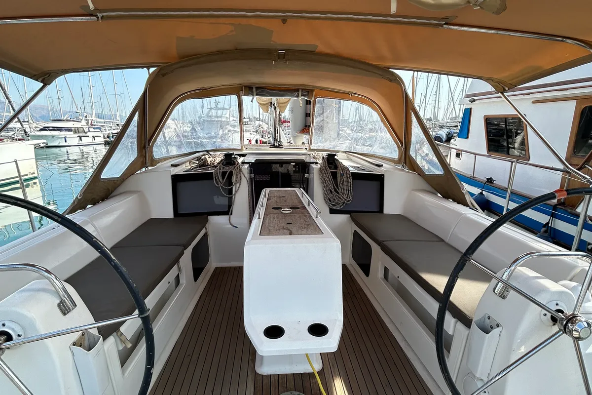 Cockpit of Artemis, a Dufour 412 GL sailboat at Kontokali, Greece