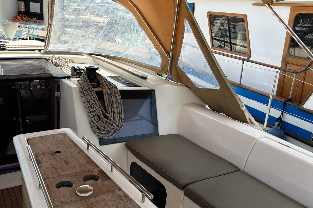 Cockpit of Artemis, a Dufour 412 GL sailboat at Kontokali, Greece