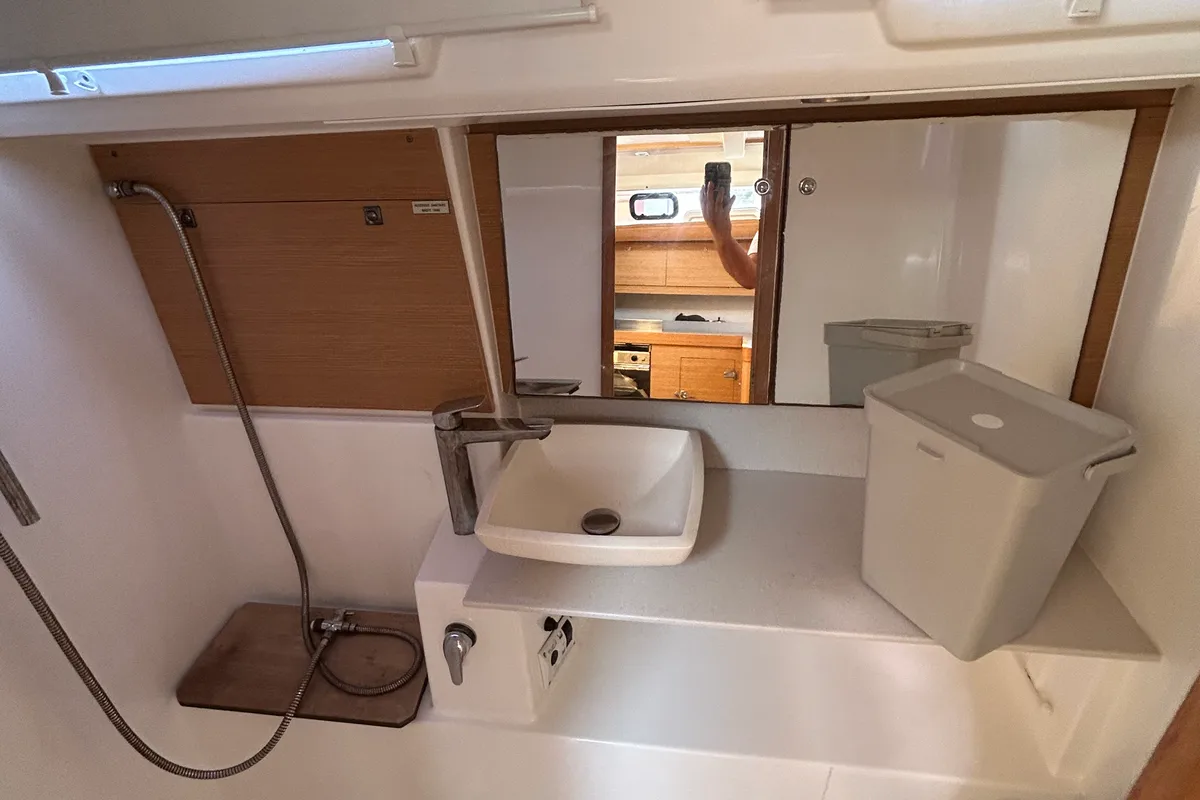 Salon of Artemis, a Dufour 412 GL sailboat at Kontokali, Greece