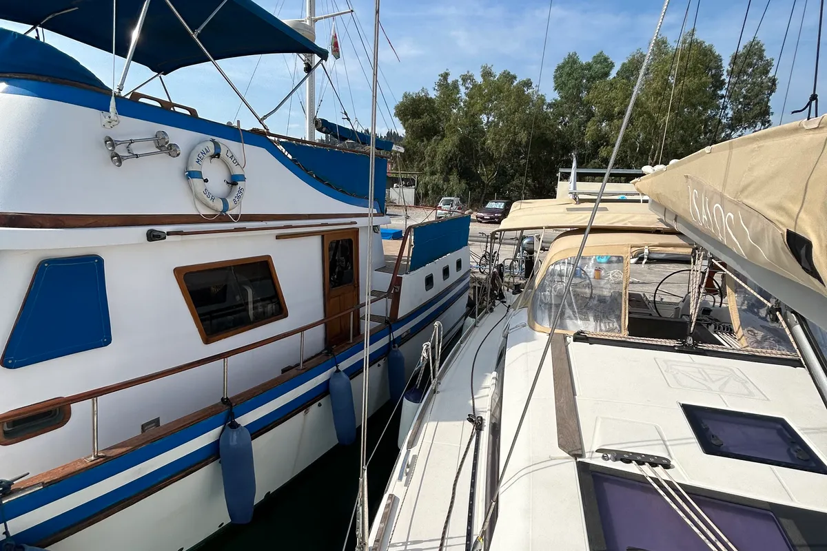 Exterior view of Artemis, a Dufour 412 GL sailboat at Kontokali, Greece