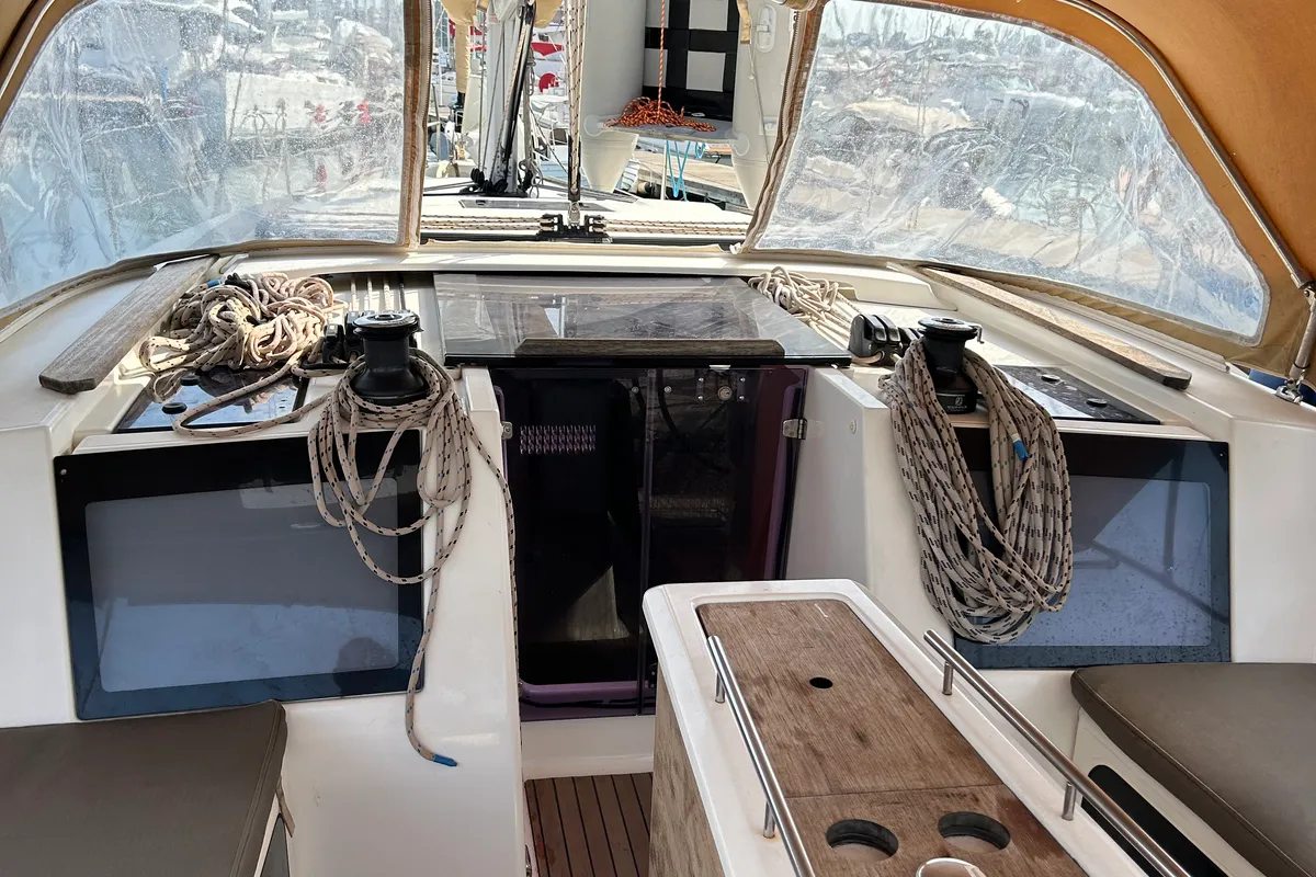 Deck of Artemis, a Dufour 412 GL sailboat at Kontokali, Greece