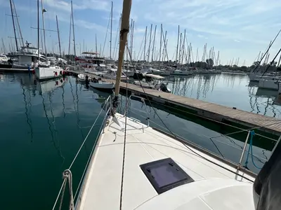 Deck of Artemis, a Dufour 412 GL sailboat at Kontokali, Greece