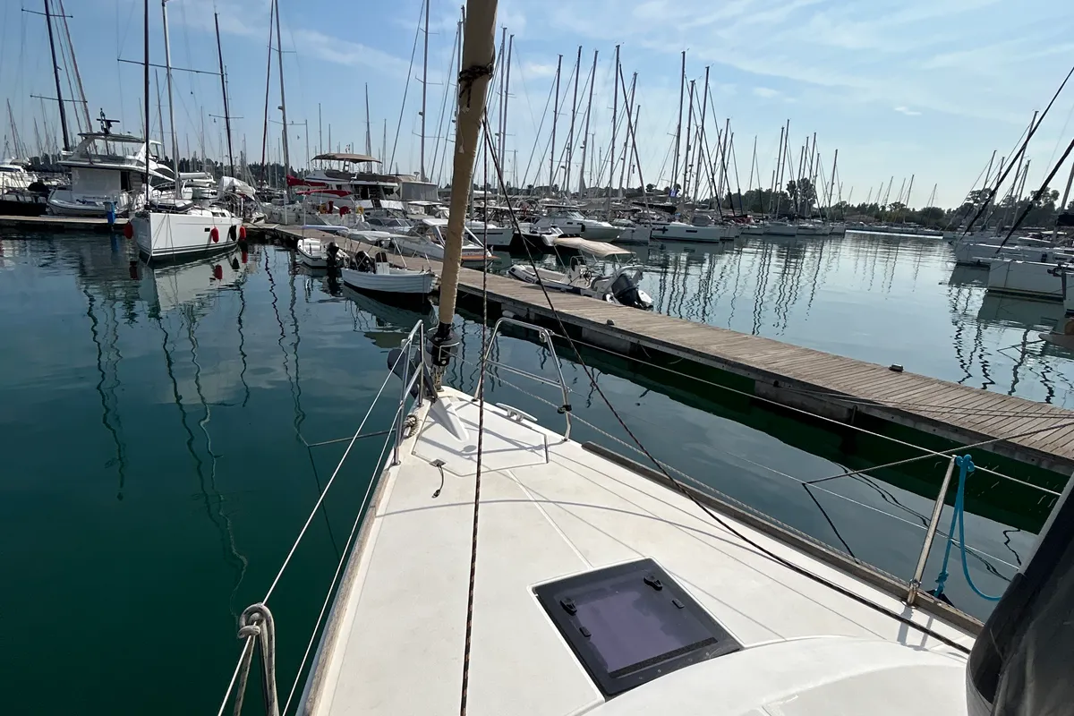 Deck of Artemis, a Dufour 412 GL sailboat at Kontokali, Greece