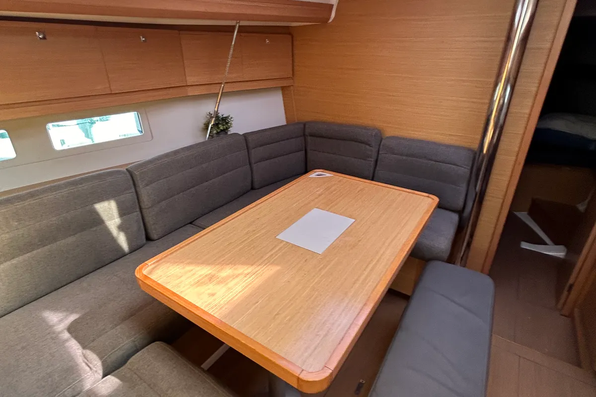 Salon of Artemis, a Dufour 412 GL sailboat at Kontokali, Greece