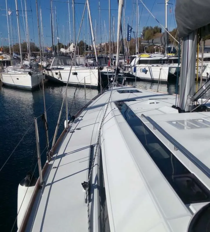 Deck of Dreamer, a Beneteau Oceanis 55 sailboat at Kontokali, Greece
