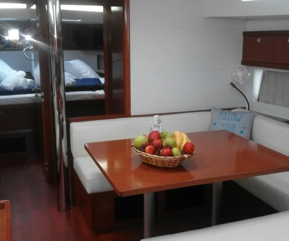 Salon of Dreamer, a Beneteau Oceanis 55 sailboat at Kontokali, Greece