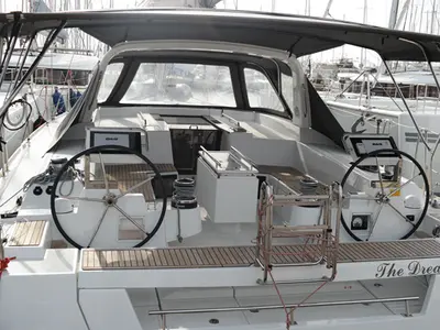 Cockpit of Dreamer, a Beneteau Oceanis 55 sailboat at Kontokali, Greece