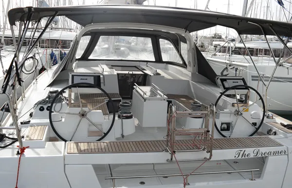 Cockpit of Dreamer, a Beneteau Oceanis 55 sailboat at Kontokali, Greece