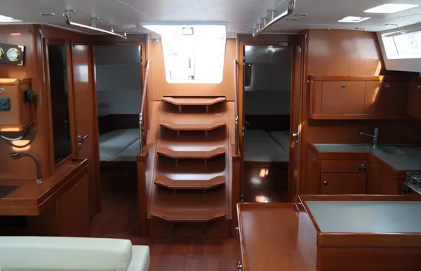 Salon of Dreamer, a Beneteau Oceanis 55 sailboat at Kontokali, Greece