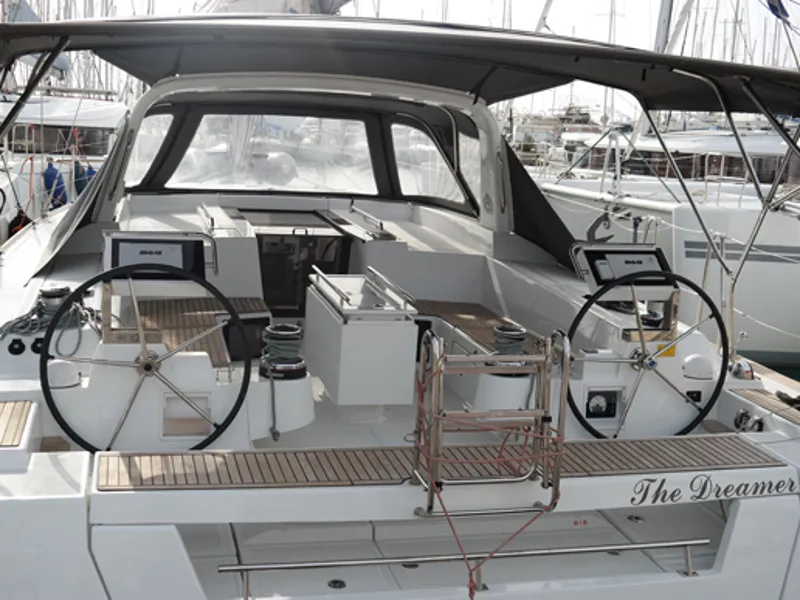 Cockpit of Dreamer, a Beneteau Oceanis 55 sailboat at Kontokali, Greece