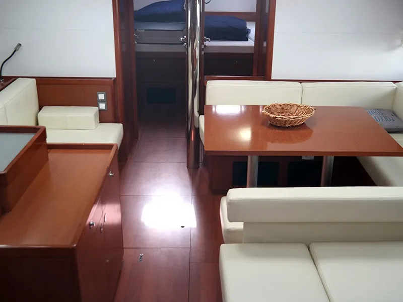 Salon of Dreamer, a Beneteau Oceanis 55 sailboat at Kontokali, Greece