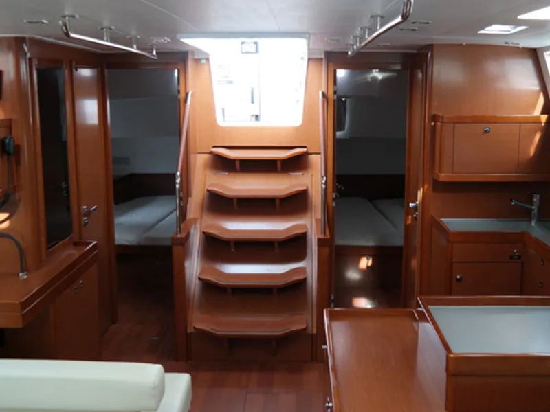 Salon of Dreamer, a Beneteau Oceanis 55 sailboat at Kontokali, Greece