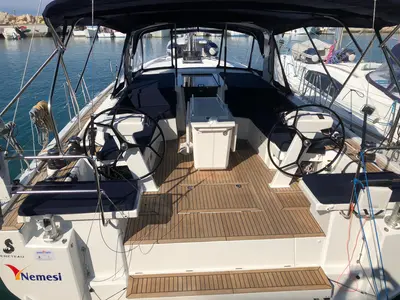 Cockpit of Nemesi - Standard line, a Beneteau Oceanis 46.1 sailboat at Castellammare del Golfo, Italy