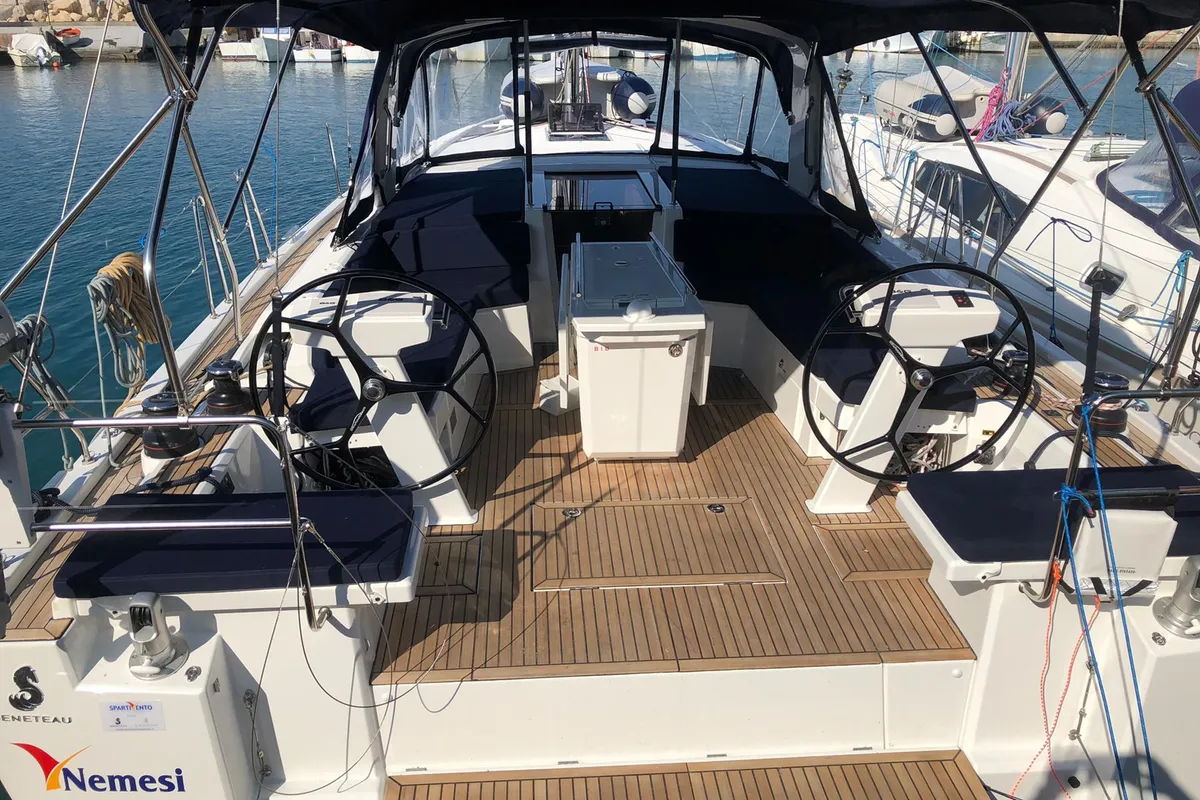 Cockpit of Nemesi - Standard line, a Beneteau Oceanis 46.1 sailboat at Castellammare del Golfo, Italy