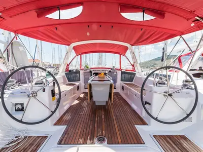 Cockpit of MOBULA ONE, a Beneteau Oceanis 45 sailboat at Split, Croatia