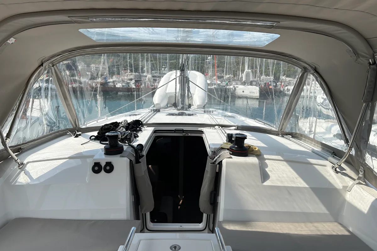 Deck of Gia, a Beneteau Oceanis 40.1 sailboat at Fethiye, Turkey