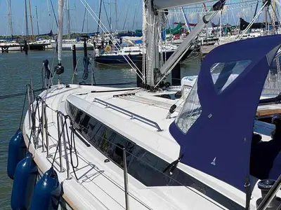 Deck of Katharina, a Bavaria C42 sailboat at Lelystad, Netherlands