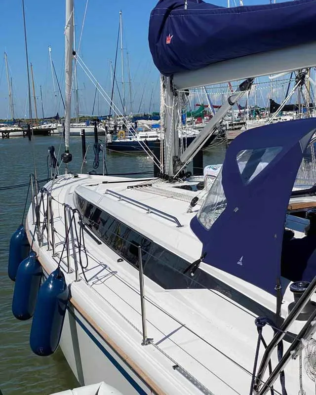 Deck of Katharina, a Bavaria C42 sailboat at Lelystad, Netherlands