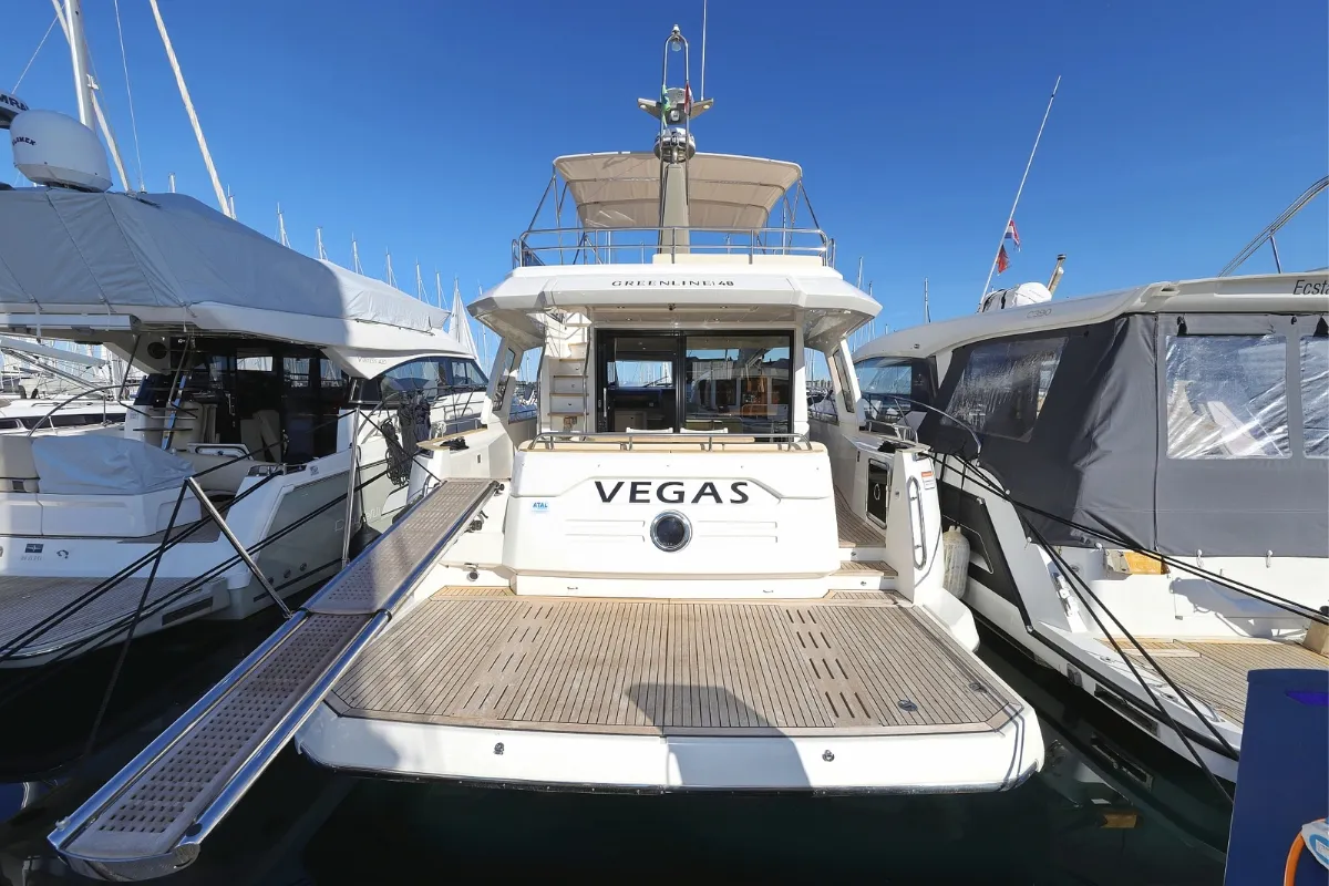 Exterior view of Vegas, a Greenline 48 Fly motor yacht at Grad Biograd na Moru, Croatia