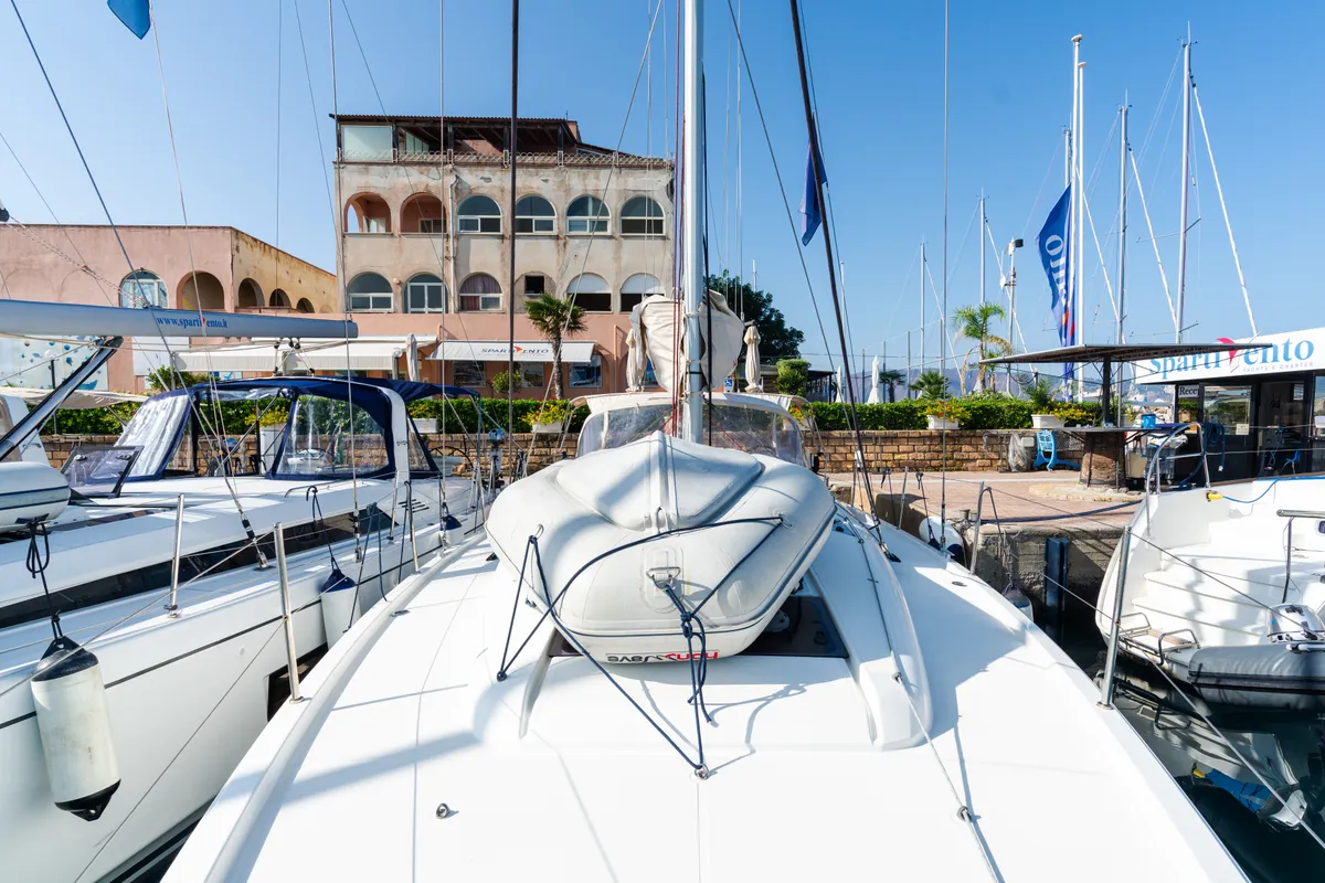 Deck of Jeanneau Sun Odyssey 440, a sailboat at Tonnarella, Italy