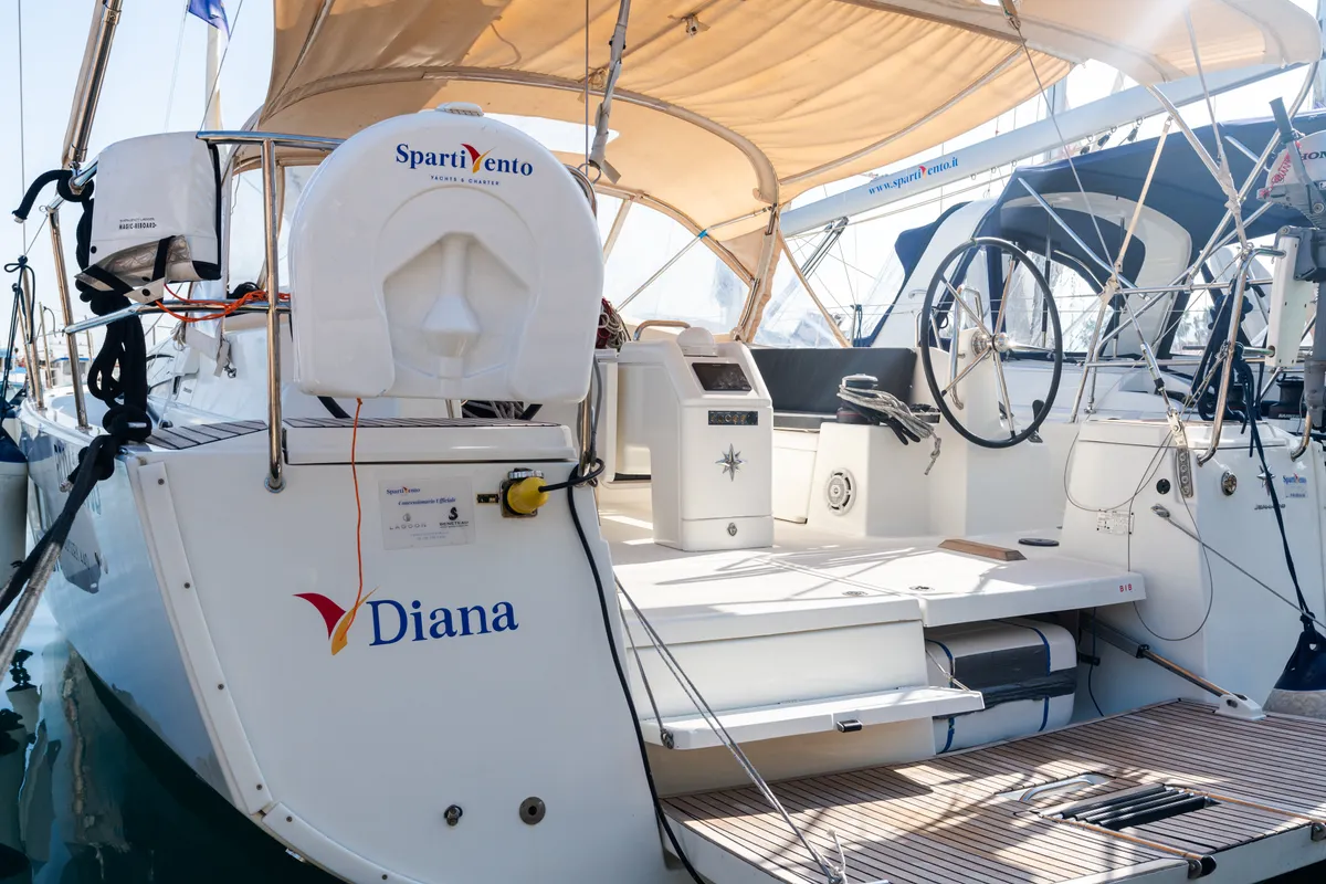 Deck of Jeanneau Sun Odyssey 440, a sailboat at Tonnarella, Italy