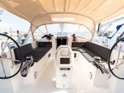 Cockpit of Jeanneau Sun Odyssey 440, a sailboat at Tonnarella, Italy