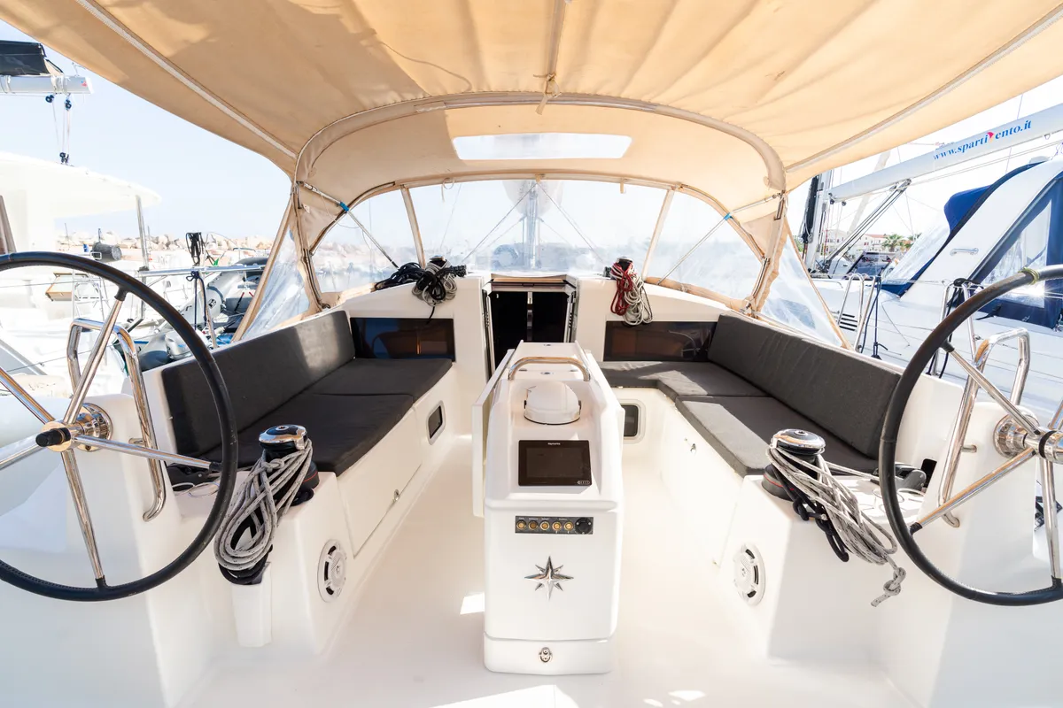 Cockpit of Jeanneau Sun Odyssey 440, a sailboat at Tonnarella, Italy