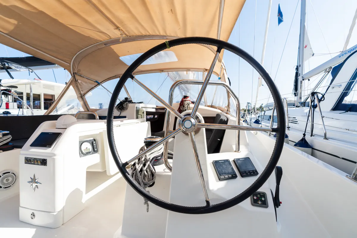 Cockpit of Jeanneau Sun Odyssey 440, a sailboat at Tonnarella, Italy