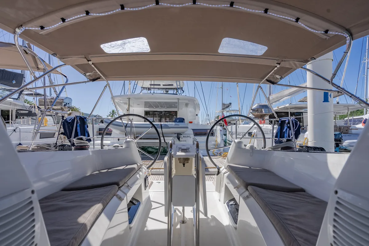 Cockpit of Off The Clock, a Jeanneau Sun Odyssey 349 sailboat at Road Town, British Virgin Islands