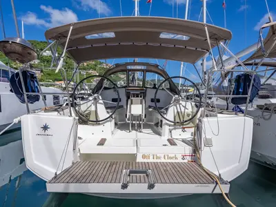 Cockpit of Off The Clock, a Jeanneau Sun Odyssey 349 sailboat at Road Town, British Virgin Islands