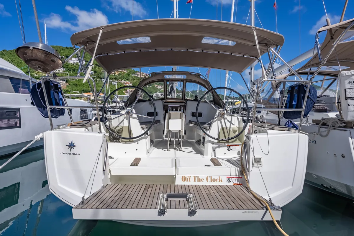 Cockpit of Off The Clock, a Jeanneau Sun Odyssey 349 sailboat at Road Town, British Virgin Islands
