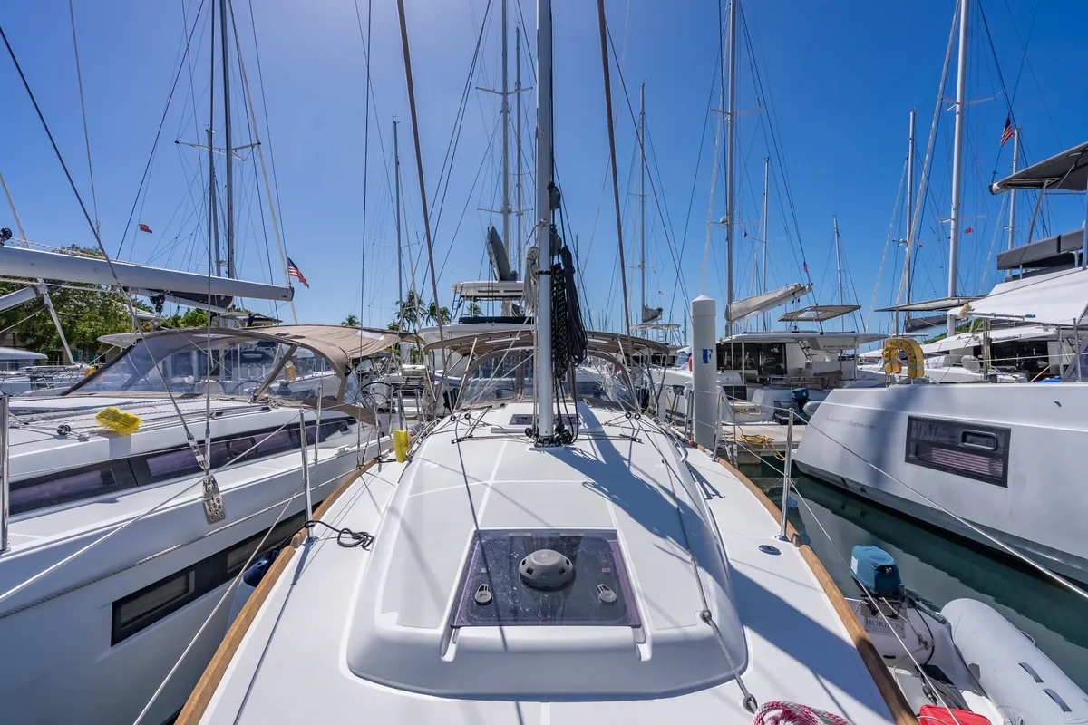 Deck of Off The Clock, a Jeanneau Sun Odyssey 349 sailboat at Road Town, British Virgin Islands