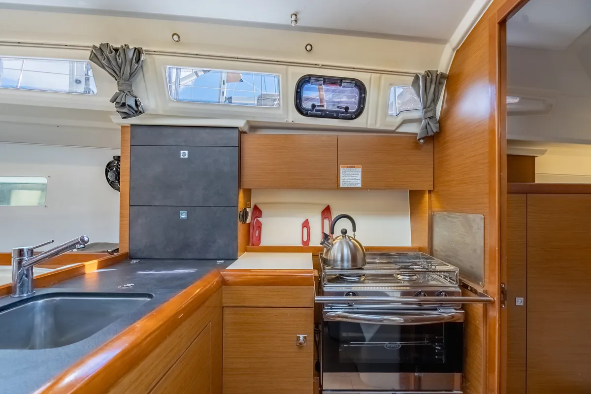 Galley of Off The Clock, a Jeanneau Sun Odyssey 349 sailboat at Road Town, British Virgin Islands