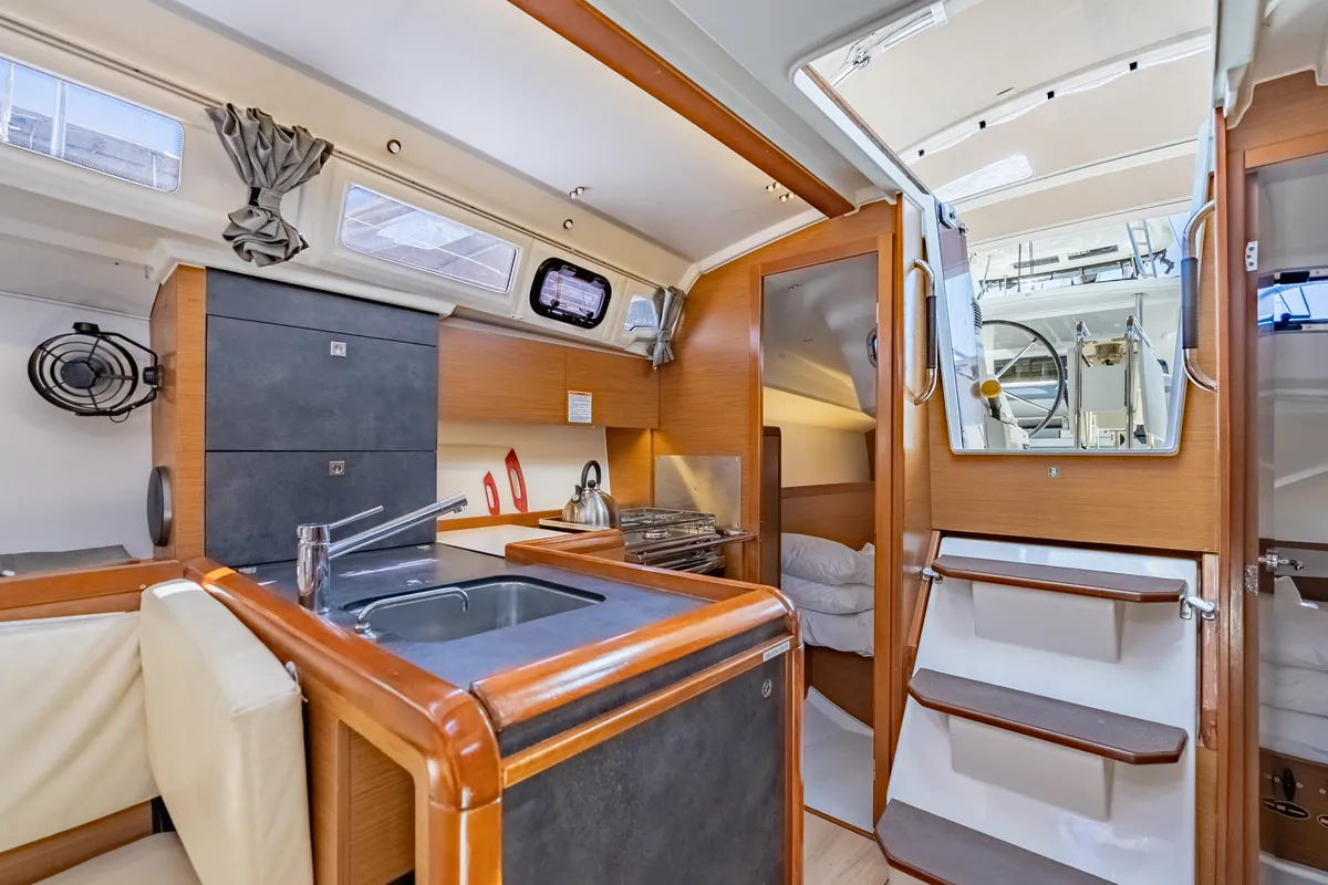 Galley of Off The Clock, a Jeanneau Sun Odyssey 349 sailboat at Road Town, British Virgin Islands