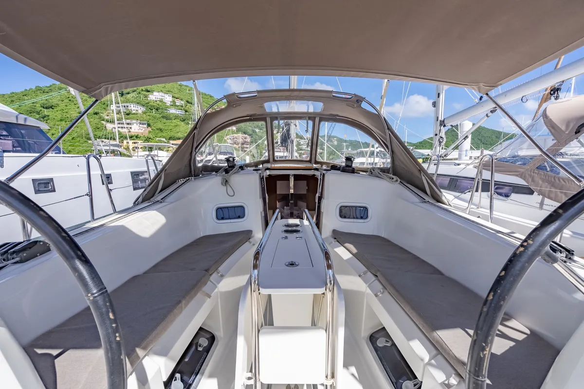 Cockpit of Off The Clock, a Jeanneau Sun Odyssey 349 sailboat at Road Town, British Virgin Islands